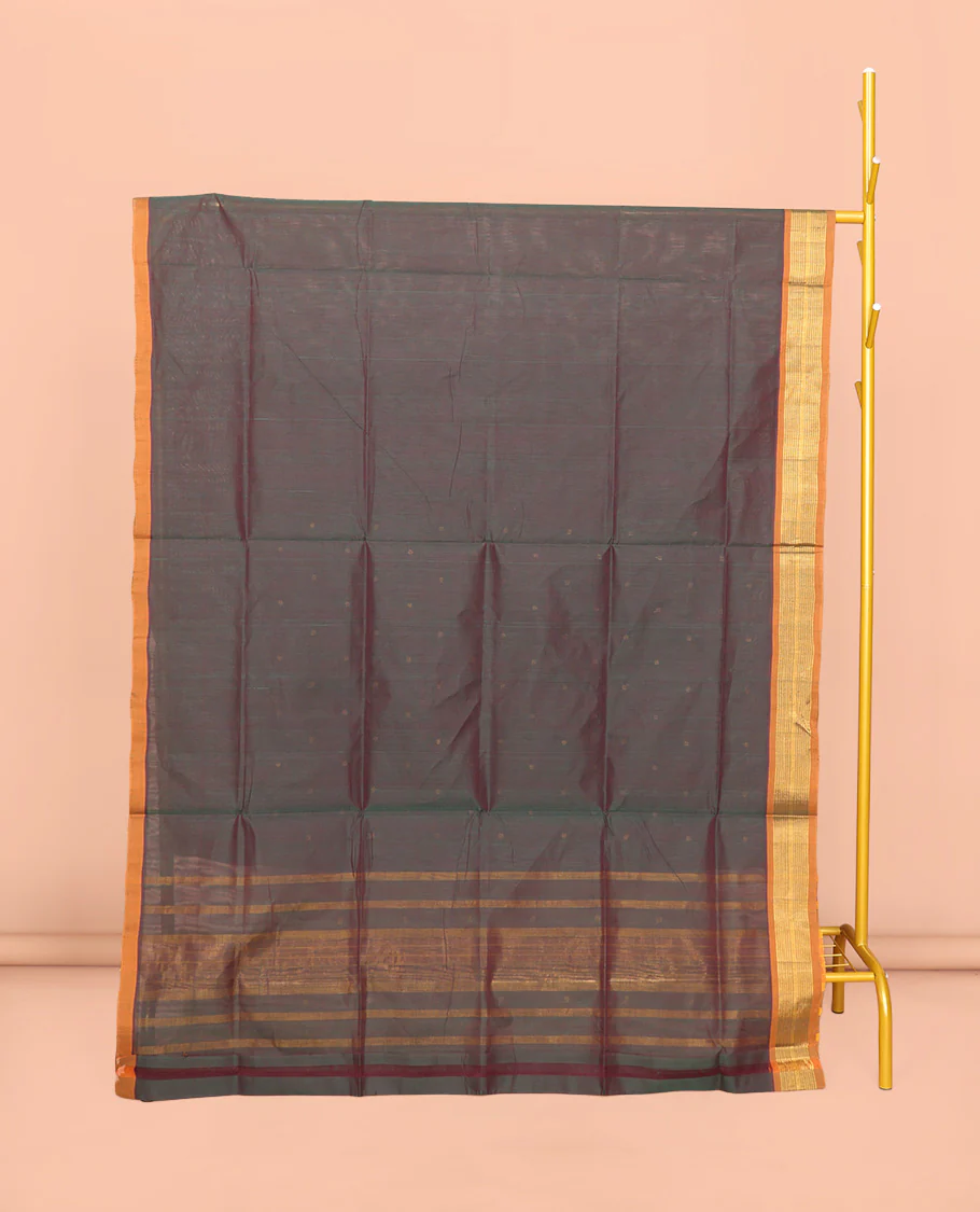 Green Venkatagiri Cotton Saree Prettified with Buttas, a Contrast Zari-Thread Border, Pallu of Stripes, and No Blouse