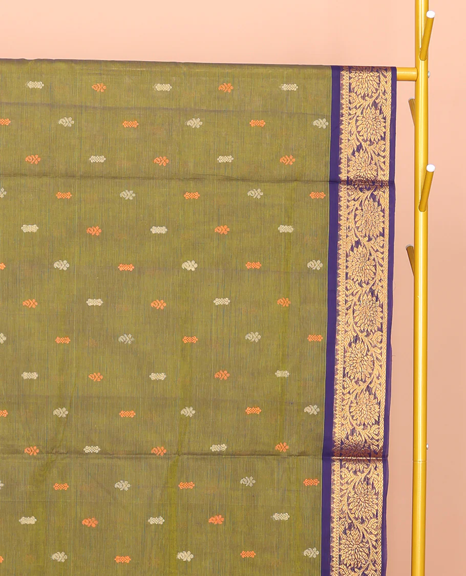 Green Venkatagiri Cotton Saree, Woven with Thread Buttas, a Contrast Floral Creeper Zari Border, Pallu of Buttas and Stripes, and No Blouse - Image 2