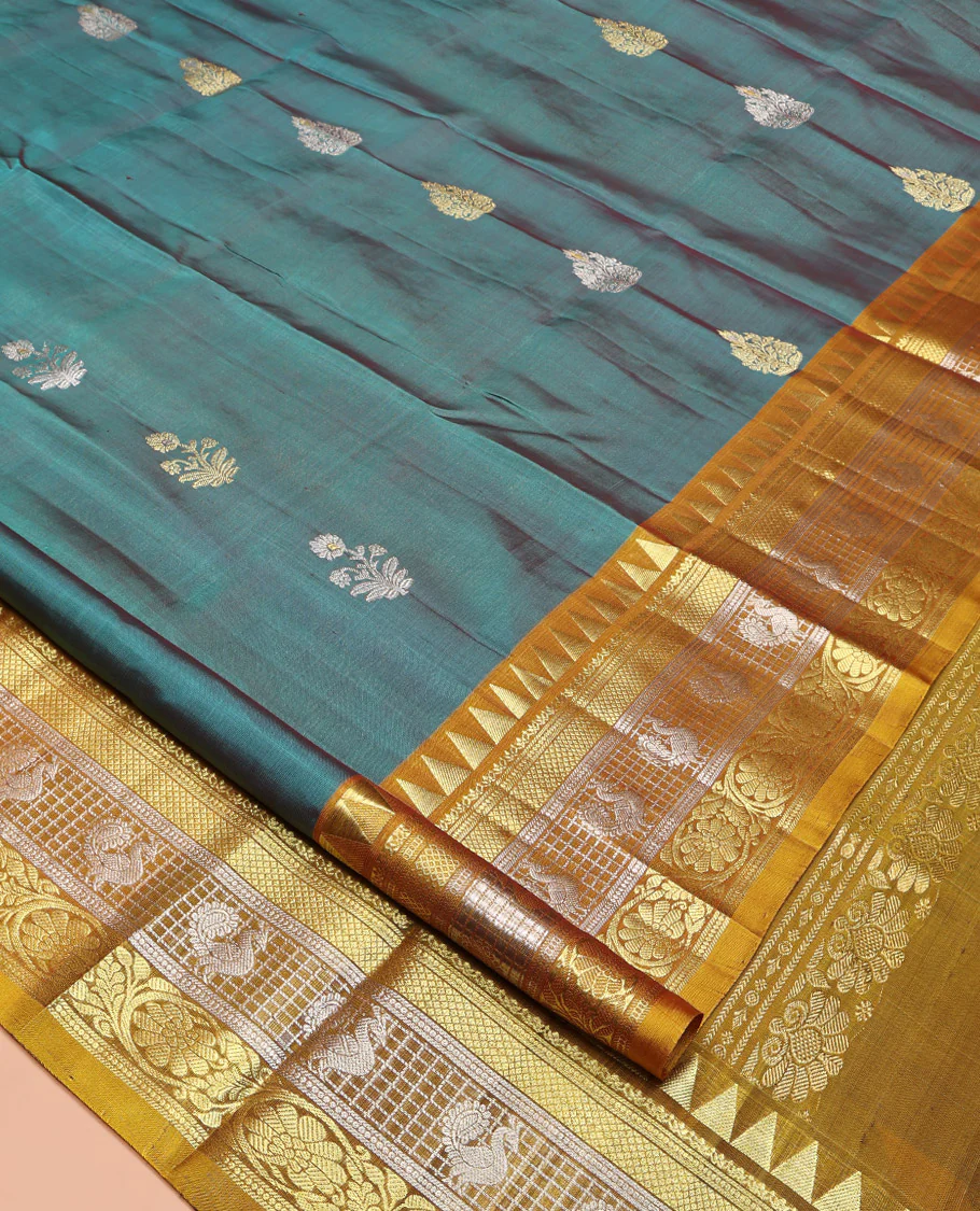 Green Venkatagiri Silk Saree, Detailed with Zari Buttas All Over Its Body, Complemented by a Contrast Traditional Zari Design Border, Grand Jaal Pallu, and Paired with a Contrast Blouse - Image 2
