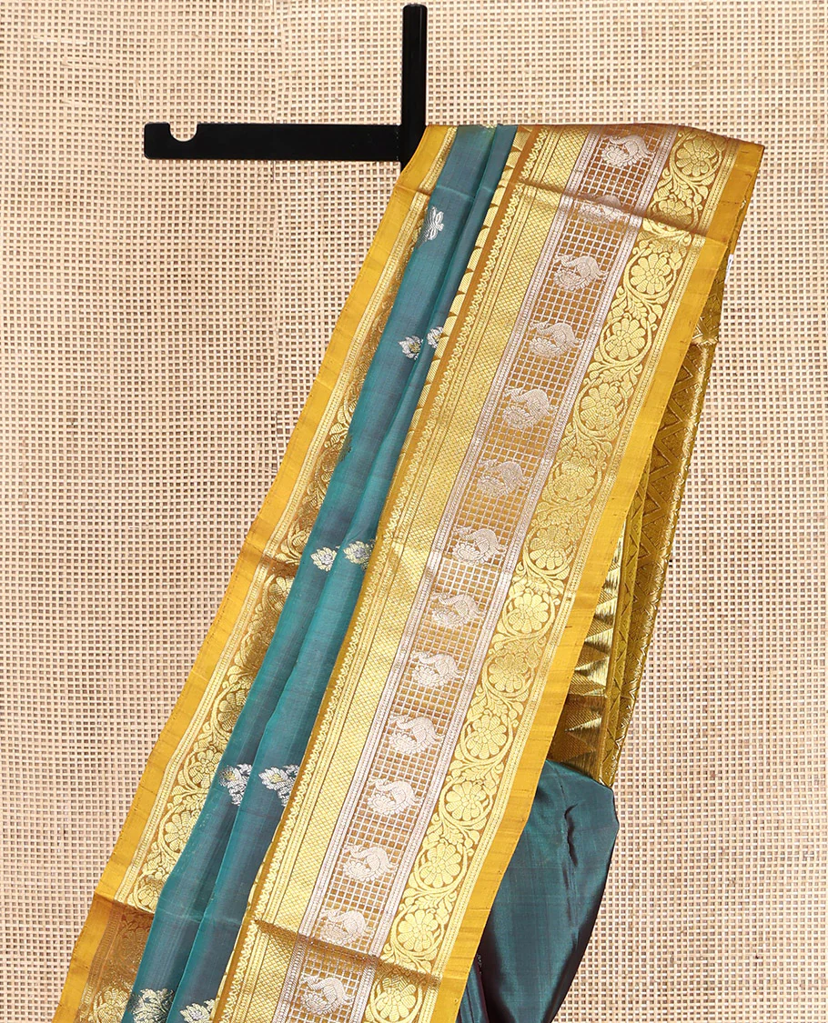 Green Venkatagiri Silk Saree, Detailed with Zari Buttas All Over Its Body, Complemented by a Contrast Traditional Zari Design Border, Grand Jaal Pallu, and Paired with a Contrast Blouse - Image 3