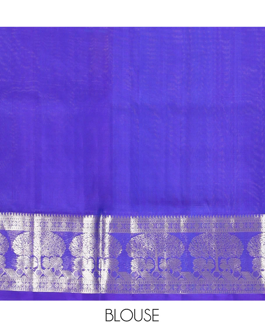 Green Venkatagiri Silk Saree, Enriched with Zari Buttas All Over Its Body, Complemented by a Contrast Traditional Zari Border of Tree Designs, Pallu Steeped with Leaf Designs, and Paired with a Contrast Blouse - Image 6