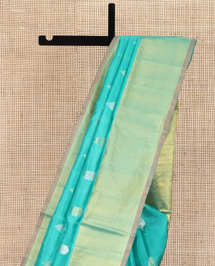 Green Venkatagiri Silk Saree, Subtly Sparkled with Zari Buttas All Over Its Body, Complemented by a Contrast Zari Border, Grand Pallu, and Paired with a Contrast Blouse - Image 3