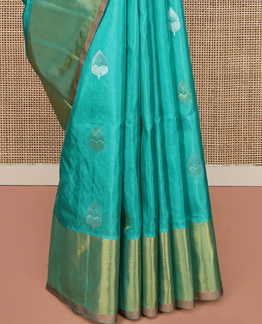 Green Venkatagiri Silk Saree, Subtly Sparkled with Zari Buttas All Over Its Body, Complemented by a Contrast Zari Border, Grand Pallu, and Paired with a Contrast Blouse - Image 4