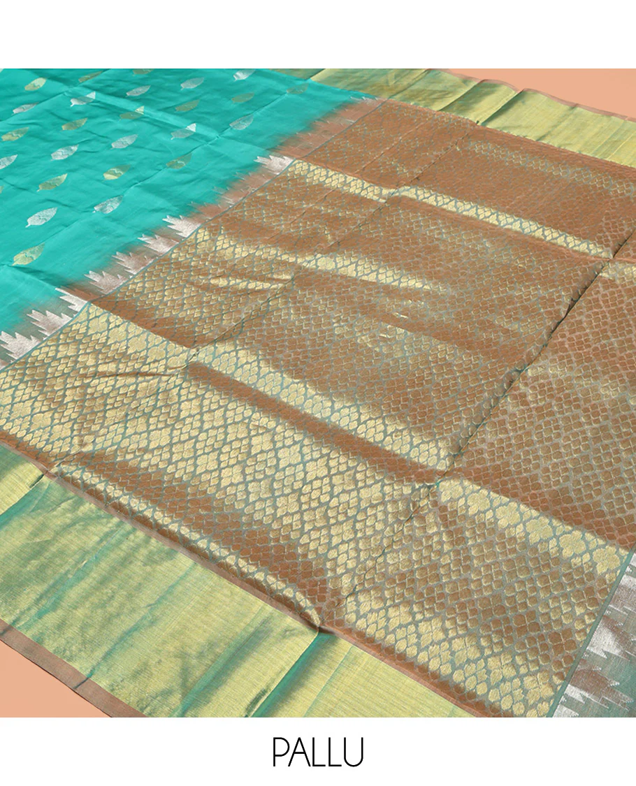 Green Venkatagiri Silk Saree, Subtly Sparkled with Zari Buttas All Over Its Body, Complemented by a Contrast Zari Border, Grand Pallu, and Paired with a Contrast Blouse - Image 5