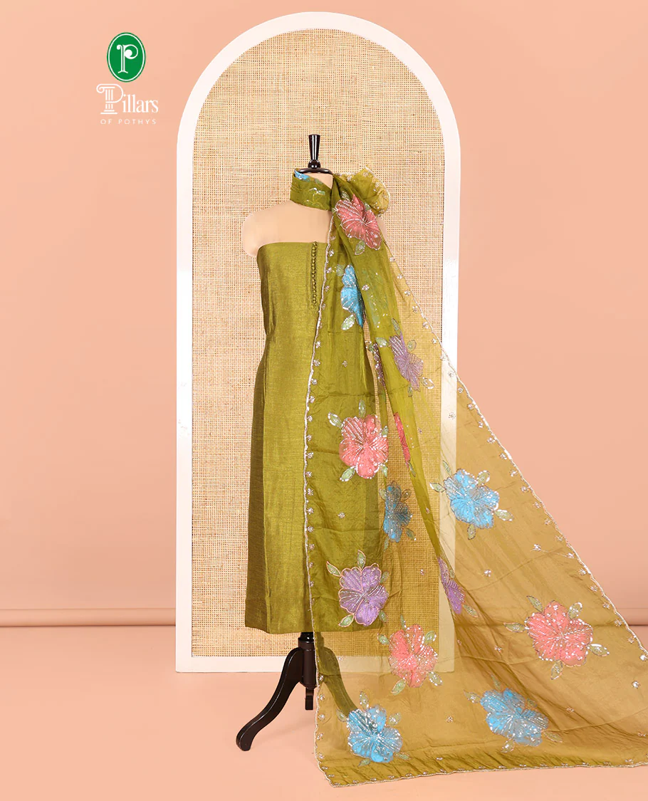 Green Vichitra Silk Material Chudidar Set, Delicately Woven with Pom-Pom Necklined Top, a Plain Santoon Bottom, and Paired Scallop Multi-Color Floral Embroidered Organza Dupatta