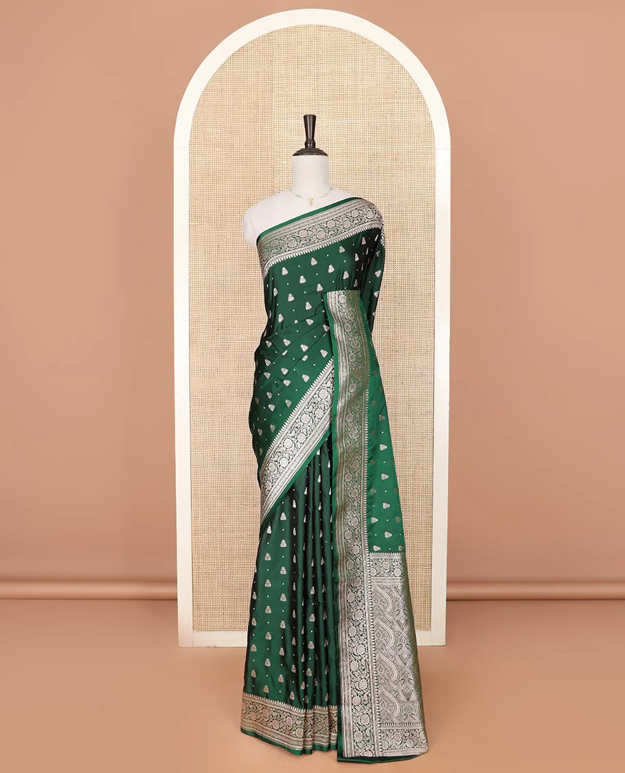 Green zari buttas mushru silk saree, floral creeper design border, and intricately designed pallu - Image 2
