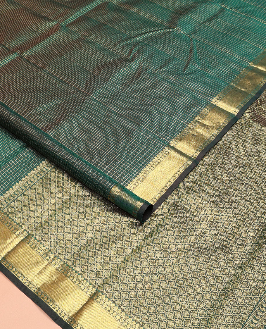 Green zari checked Kanchipuram silk saree,  zari border of thilakam mokku, muthu, and manga designs, and jaal pallu - Image 2