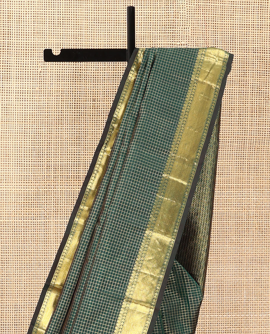 Green zari checked Kanchipuram silk saree,  zari border of thilakam mokku, muthu, and manga designs, and jaal pallu - Image 4