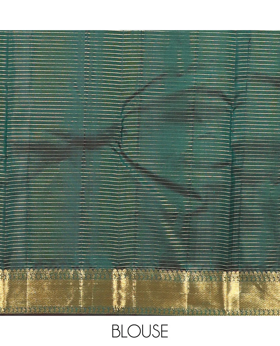 Green zari checked Kanchipuram silk saree,  zari border of thilakam mokku, muthu, and manga designs, and jaal pallu - Image 6