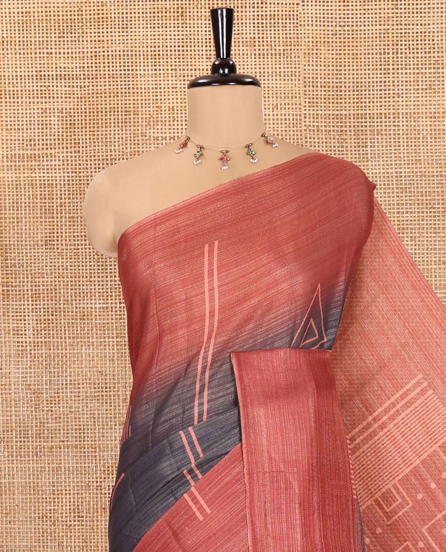 Grey and Orange Tissue Saree, Spotlighted with Horizontal Stripes and Geometric Motifs Printed All Over Its Body, Complemented by a Contrast-Printed Border, Pallu Depicts Geometric Patterns, and Paired with a Contrast Geometric Printed Blouse - Image 2