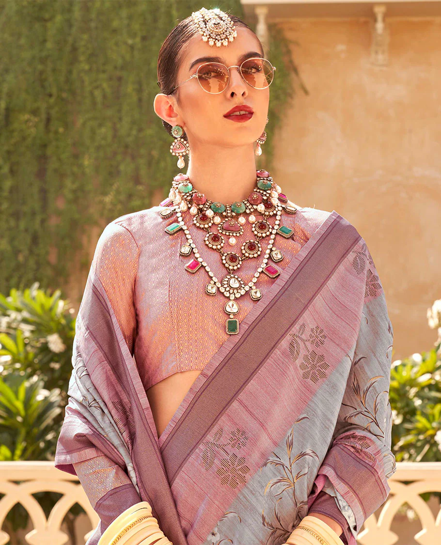 Grey and pink floral vine printed designer catalog saree, contrast floral motifs border, and pallu of temple design - Image 2