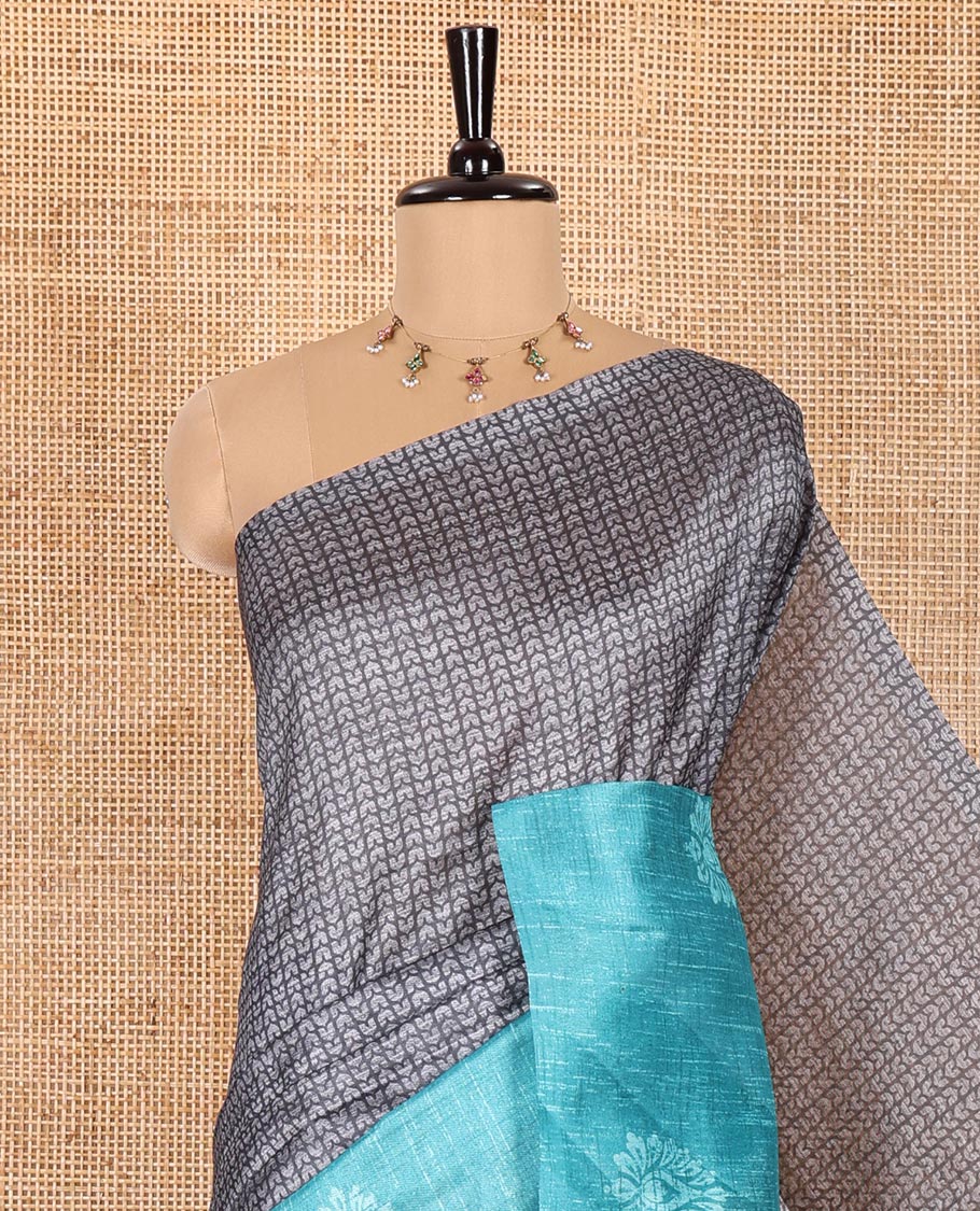 Grey and Rama Semi-Tussar Saree, Prettified with Geometric Patterns Printed All Over Its Body, Complemented by a Captivating Contrast One-Sided Border of Unique Print, and Paired with a Contrast Blouse - Image 2