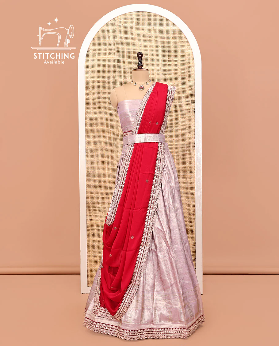 Grey Art Silk Half Saree, Gleamed Up with Jacquard Design Skirt, Contrast Embroidered Border, Jacquard Blouse, and a Contrast Embroidered Dhavani - Image 3