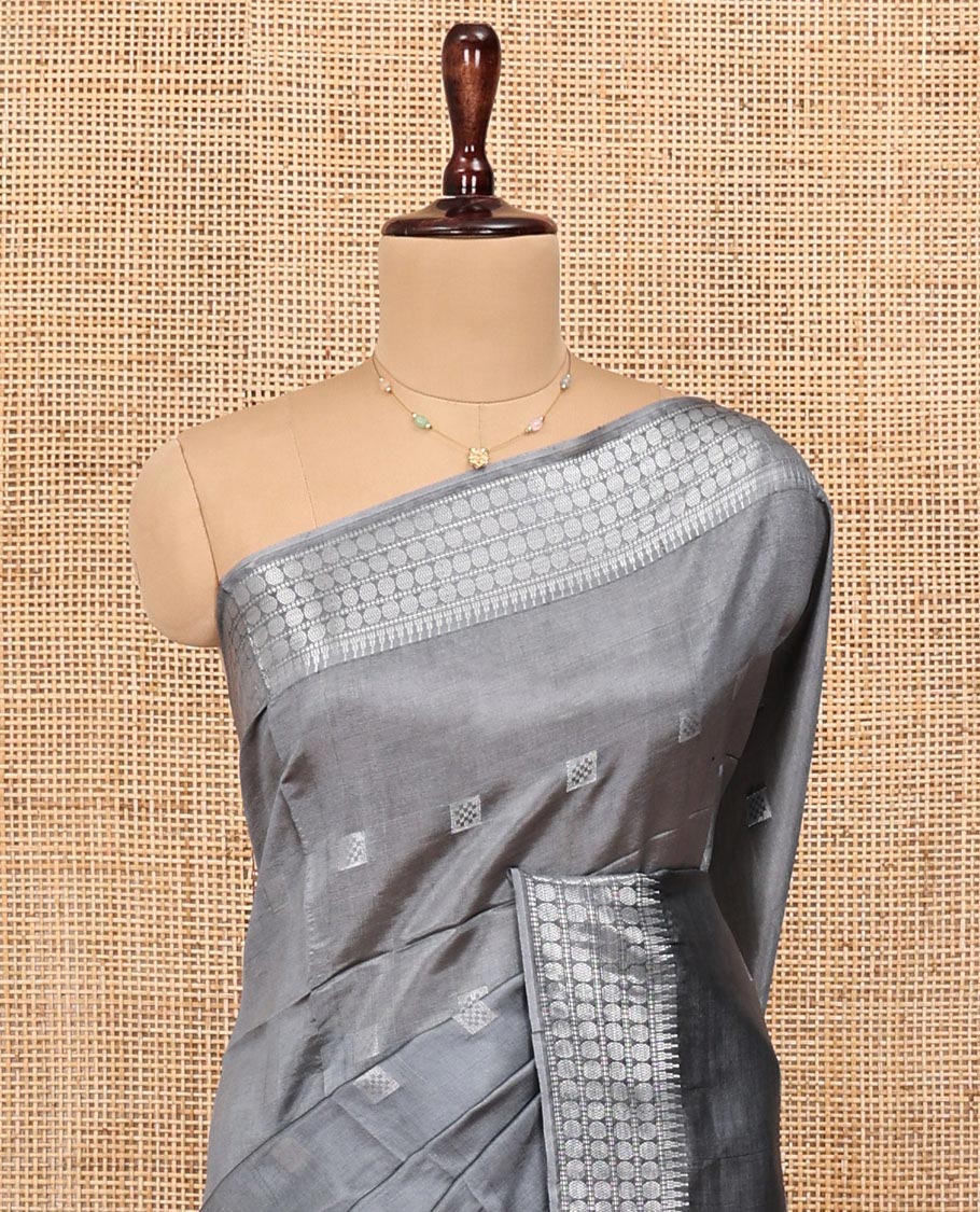 Grey Banana Pith Saree, Subtly Sparkled with Buttas All Over Its Body, Highlighted by Self-Border of Temple and Rudraksham Motifs, Pallu Steeped with Stripes and Buttas, and Paired with a Matching Blouse - Image 2