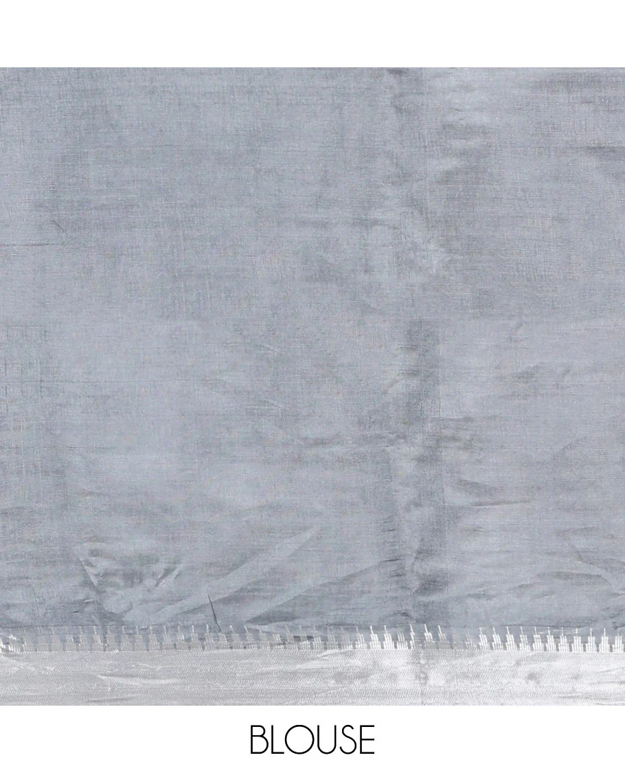 Grey Banana Pith Saree, Subtly Sparkled with Buttas All Over Its Body, Highlighted by Zari Temple Border, Gleaming Pallu Steeped with Stripes, and Paired with a Matching Blouse - Image 5