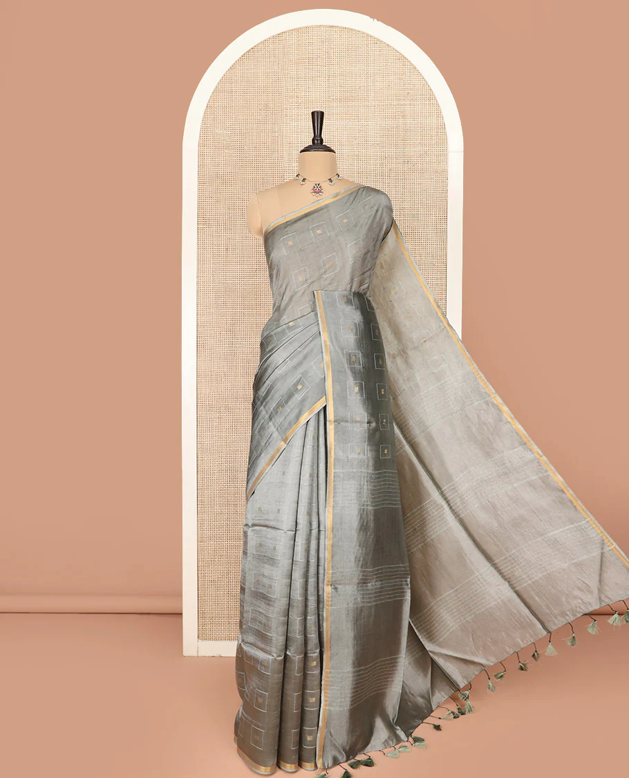 Grey Banana Pith Saree Woven with Zari Buttas Enclosed Squares, Subtly Woven Piping Border, Pallu of Stripes, and Paired with a Matching Plain Blouse