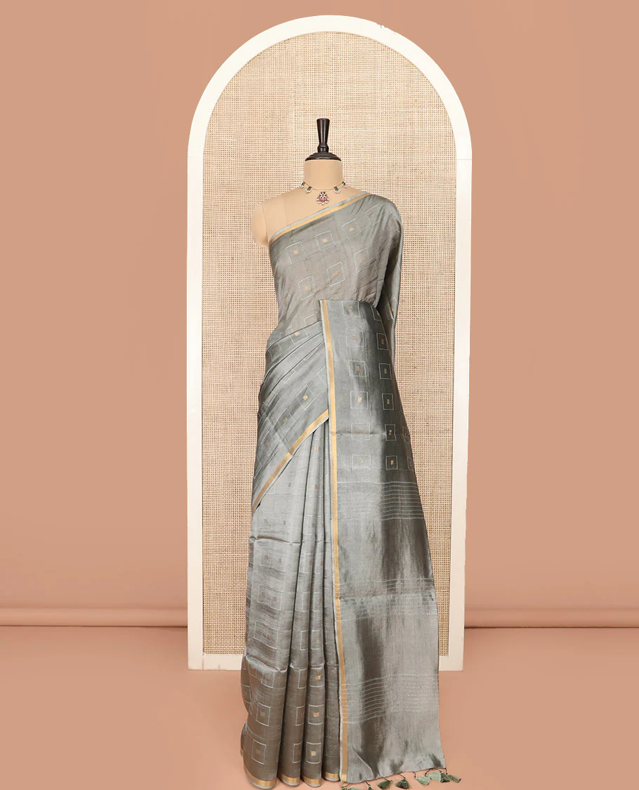 Grey Banana Pith Saree Woven with Zari Buttas Enclosed Squares, Subtly Woven Piping Border, Pallu of Stripes, and Paired with a Matching Plain Blouse - Image 3
