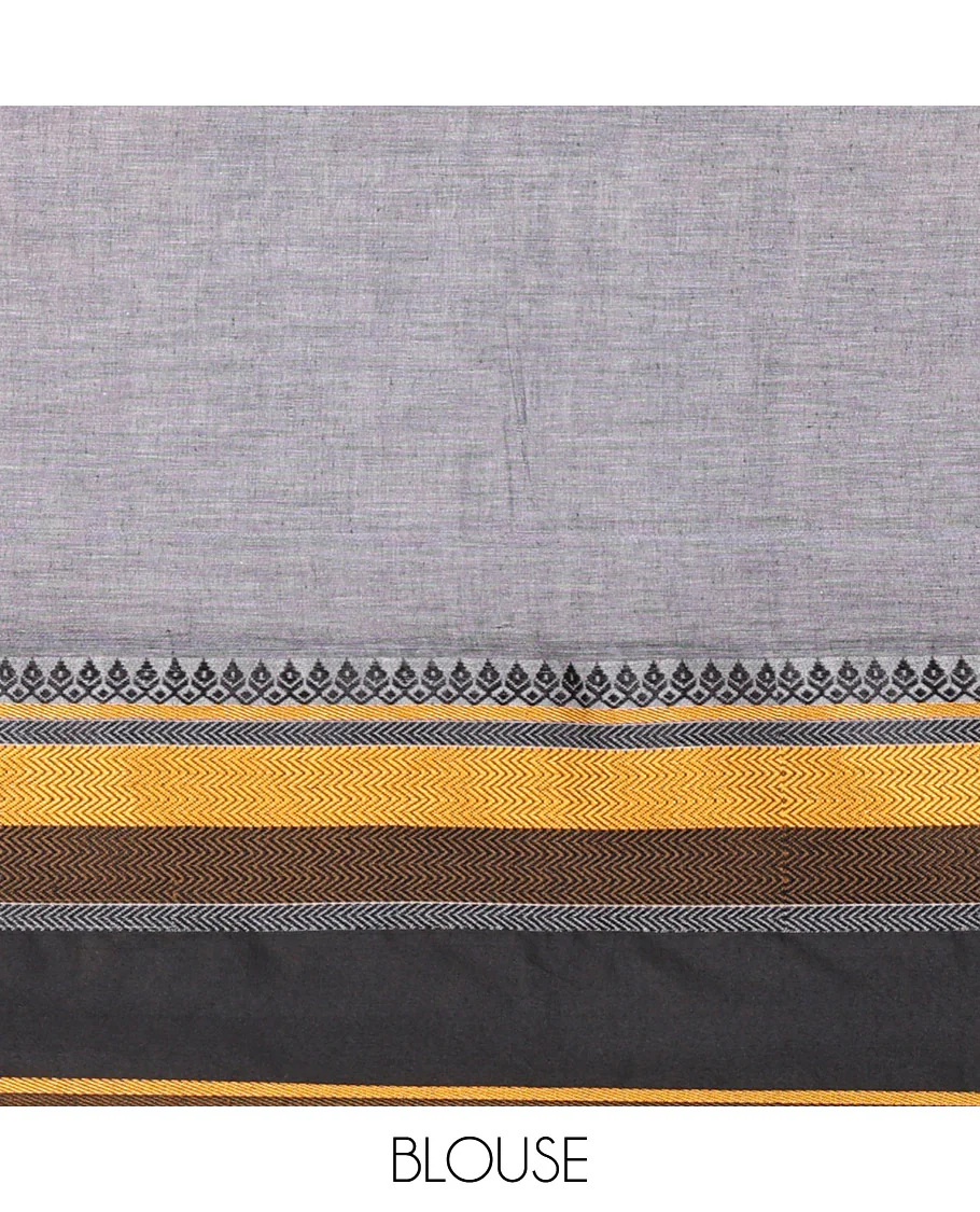 Grey-Block Plain Khadi Mul Cotton Saree, Complemented by a Contrast Thread-Woven Border of Geometric Patterns, Contrast Plain Pallu, and Paired with a Matching Blouse - Image 3