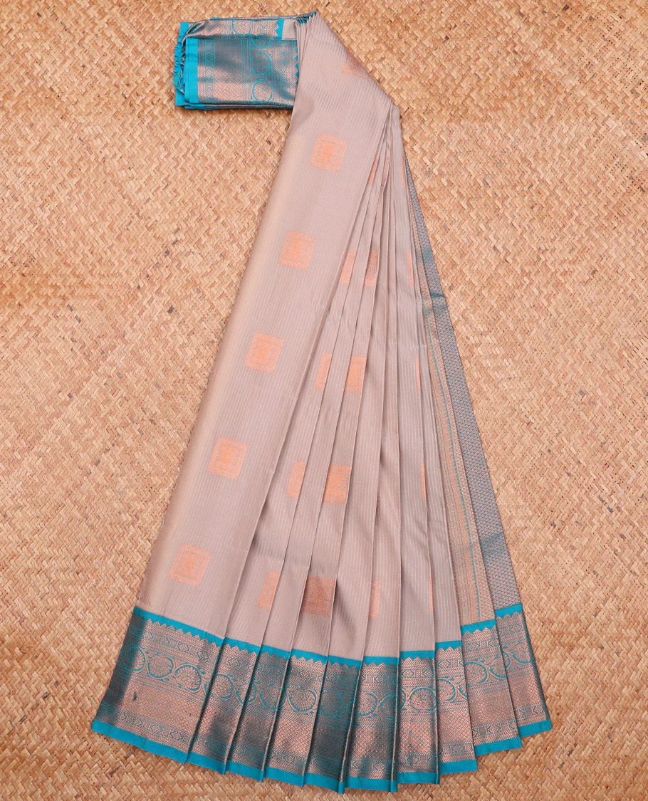 Grey Budget Silk Saree Sparsely Designed with Square Zari Buttas and Zari Stripes, Complemented by a Contrast Traditional Zari Design Border, Pallu Adorned with Jaal Design, and Paired with a Contrast Blouse - Image 2
