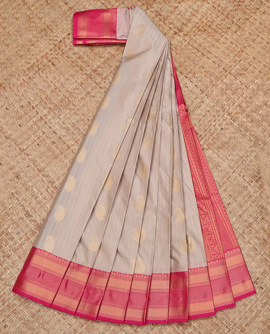 Grey Budget Silk Saree, Sparsely Woven with Paisley Buttas and Stripes All Over Its Body, Complemented by a Contrast Traditional Zari Border, Grand Pallu, and Paired with a Contrast Blouse - Image 2