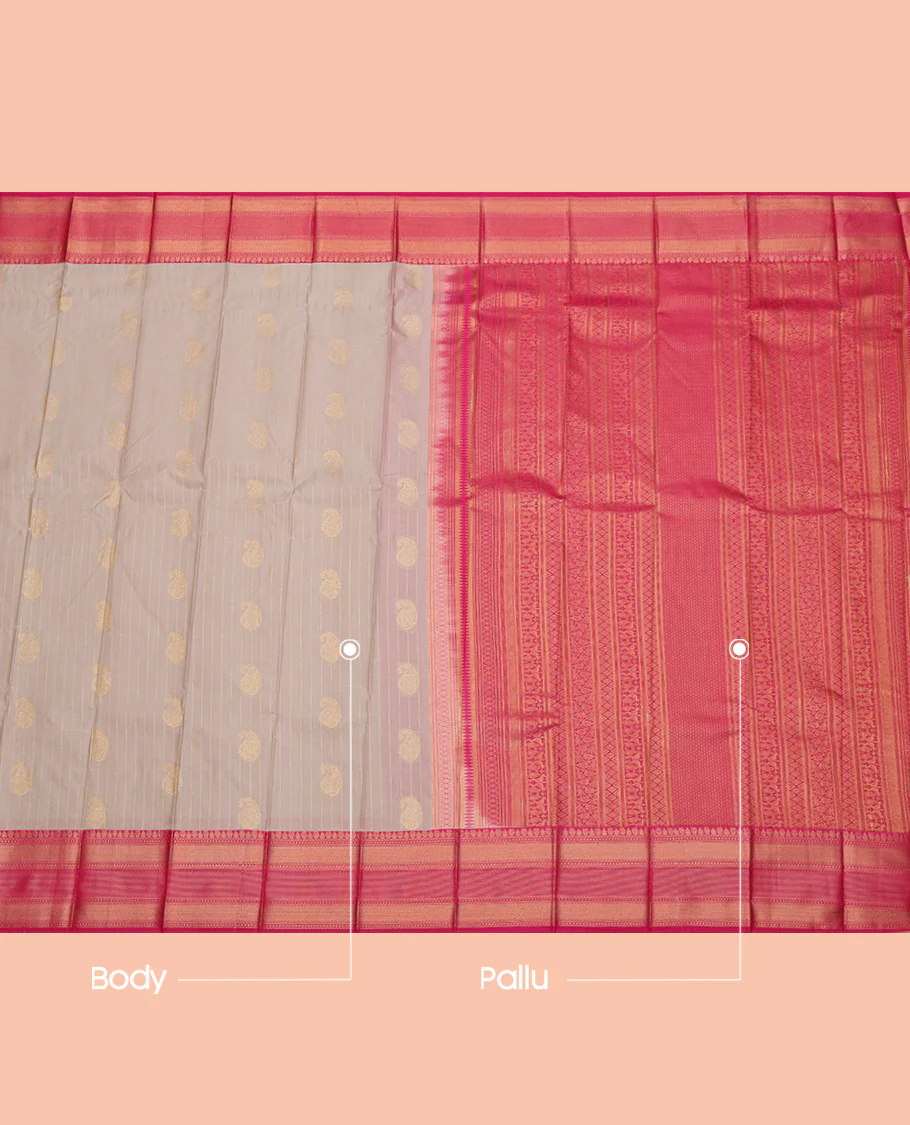 Grey Budget Silk Saree, Sparsely Woven with Paisley Buttas and Stripes All Over Its Body, Complemented by a Contrast Traditional Zari Border, Grand Pallu, and Paired with a Contrast Blouse - Image 3