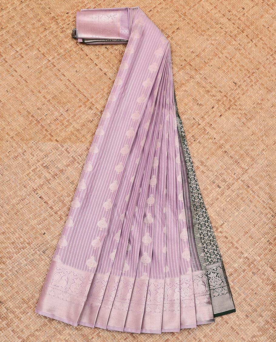 Grey Budget Silk Saree, Steeped with Buttas and Stripes All Over Its Body, Highlighted by Traditional Zari Designs Woven Border, Grand Pallu and Paired with a Contrast Blouse - Image 2