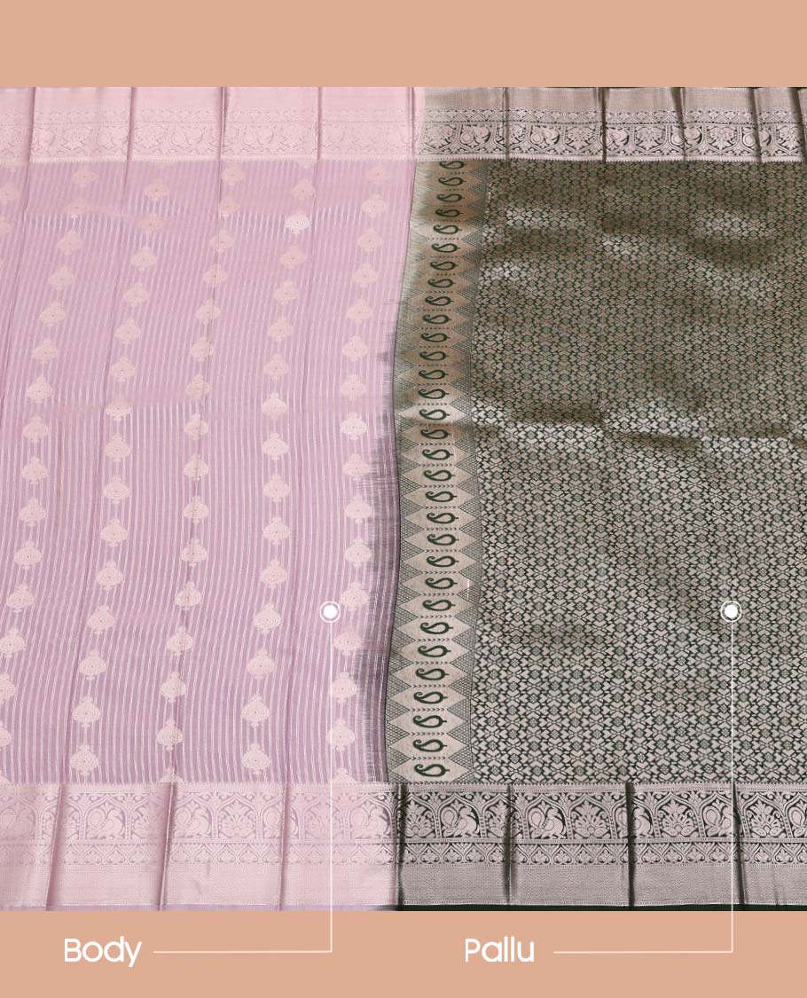 Grey Budget Silk Saree, Steeped with Buttas and Stripes All Over Its Body, Highlighted by Traditional Zari Designs Woven Border, Grand Pallu and Paired with a Contrast Blouse - Image 3