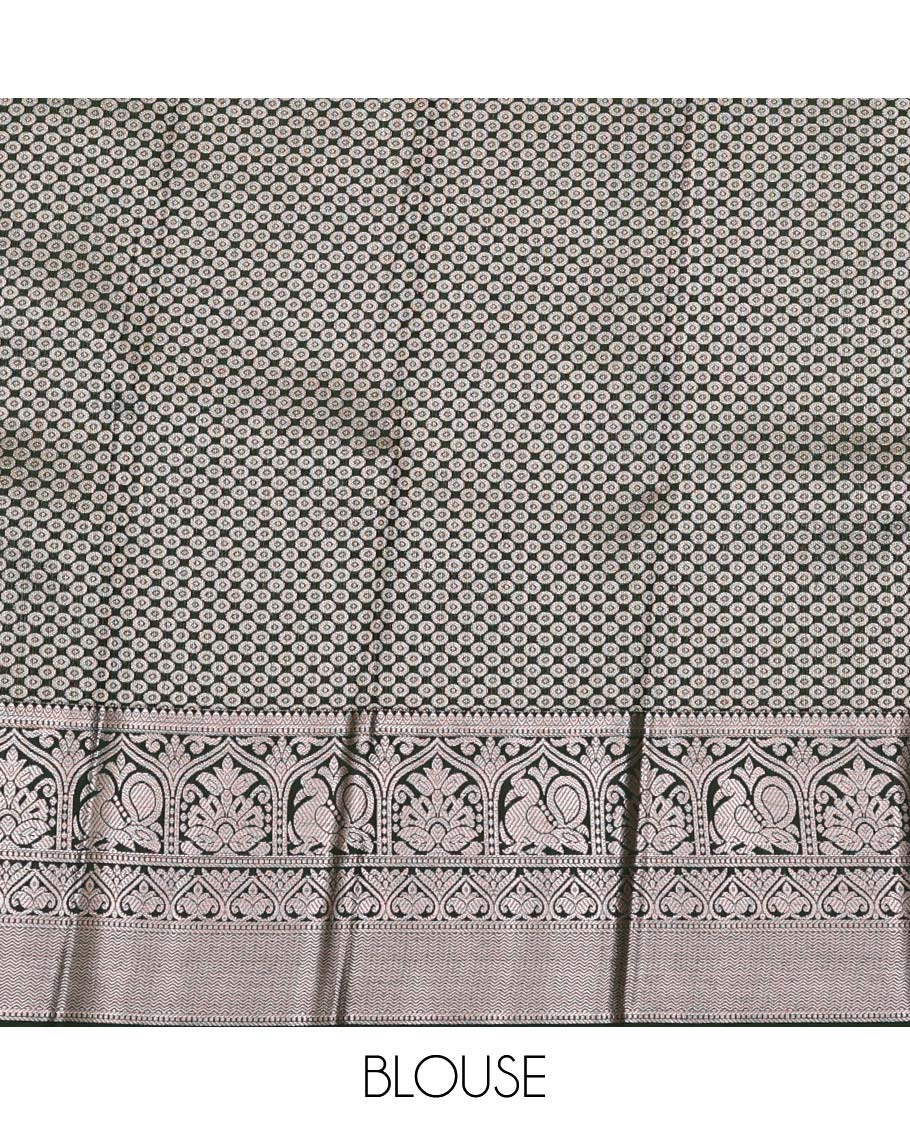 Grey Budget Silk Saree, Steeped with Buttas and Stripes All Over Its Body, Highlighted by Traditional Zari Designs Woven Border, Grand Pallu and Paired with a Contrast Blouse - Image 4