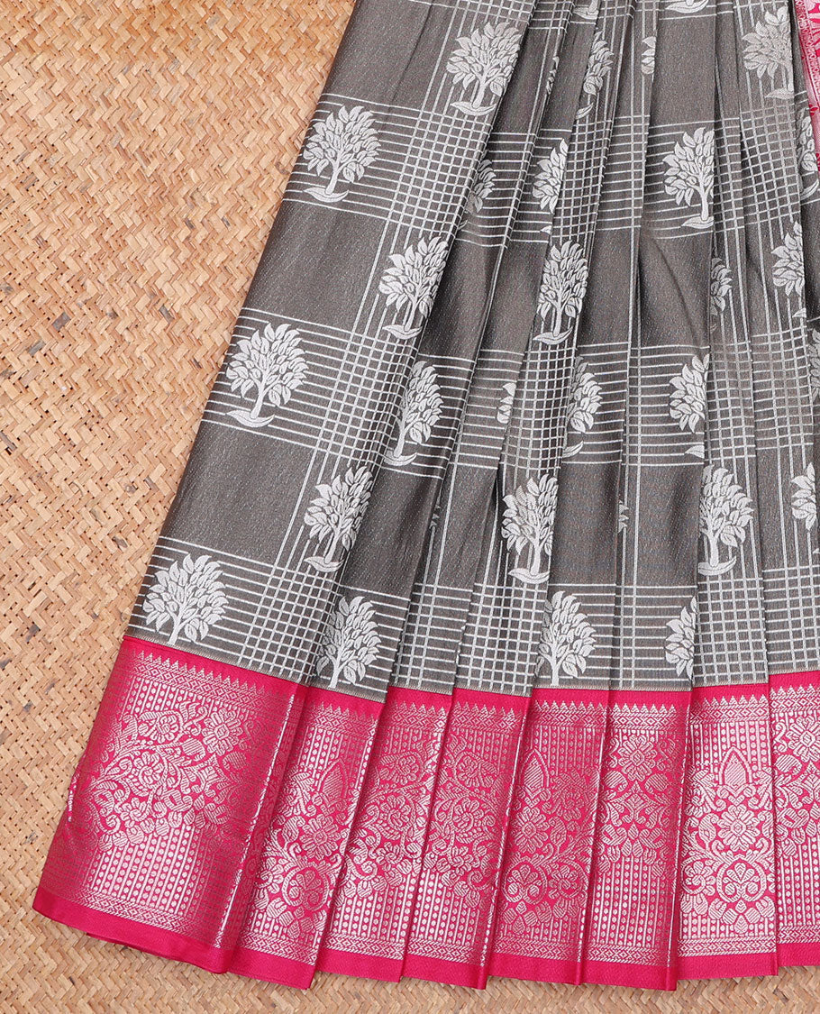 Grey Budget Silk Saree, Subtly Sparkled with Zari Butta Enclosed Checked Design On Its Body, Complemented by Contrast Zari Design Border, Grand Pallu and Paired with a Contrast Blouse