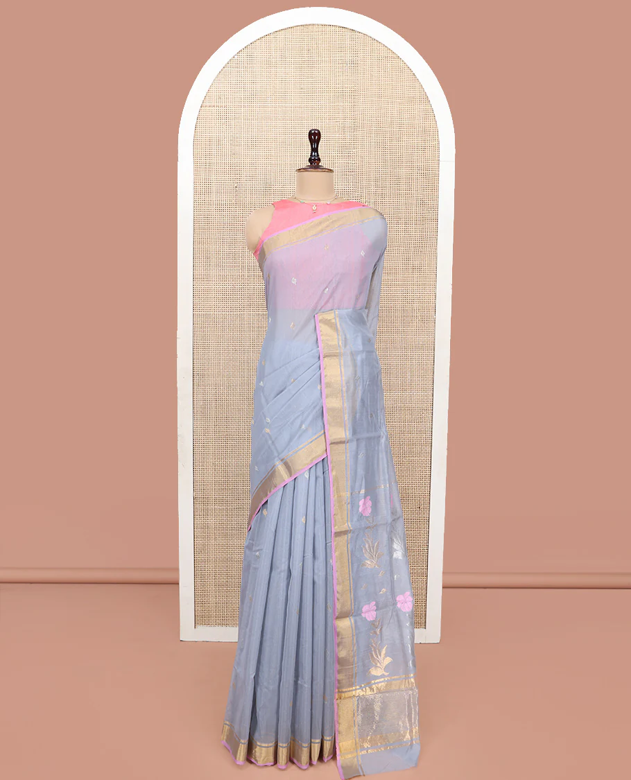Grey Chanderi Cotton Saree, Decorated with Zari Buttas All Over Its Body, Highlighted by a Zari Border, Pallu of Zari Stripes and Floral Buttas, and Paired with a Matching Blouse - Image 3