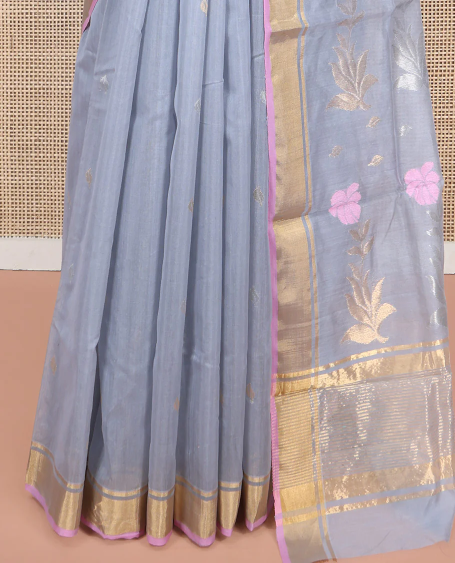 Grey Chanderi Cotton Saree, Decorated with Zari Buttas All Over Its Body, Highlighted by a Zari Border, Pallu of Zari Stripes and Floral Buttas, and Paired with a Matching Blouse - Image 4