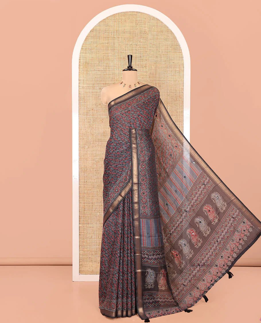 Grey Chanderi Cotton Saree, Elevated with Intricate Bagru Print and Mirror Work on Its Body, a Subtle Printed Border, Pallu of Paisleys Block Print, and Has a Plain Blouse