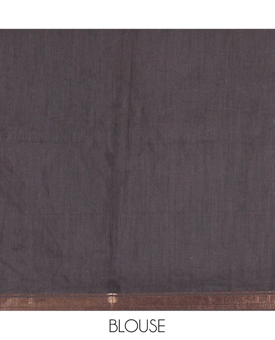 Grey Chanderi Cotton Saree, Elevated with Intricate Bagru Print and Mirror Work on Its Body, a Subtle Printed Border, Pallu of Paisleys Block Print, and Has a Plain Blouse - Image 3