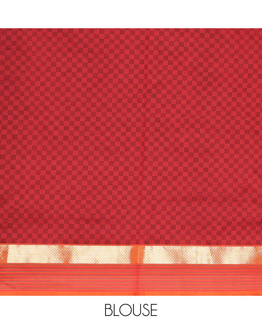 Grey Checked Poly Cotton Saree, Complemented by a Contrast Zari Border, Contrast Striped Pallu, and Paired with a Contrast Blouse - Image 3