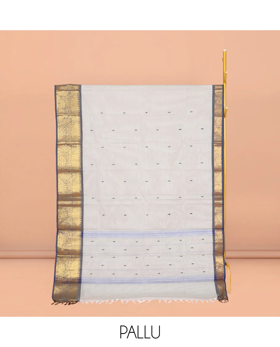 Grey Chettinad Cotton Saree, Adorned with Buttas All Over Its Body, Complemented by a Contrast Peacock Zari Design Border, Pallu of Stripes and Buttas, and Paired with a Matching Blouse - Image 2