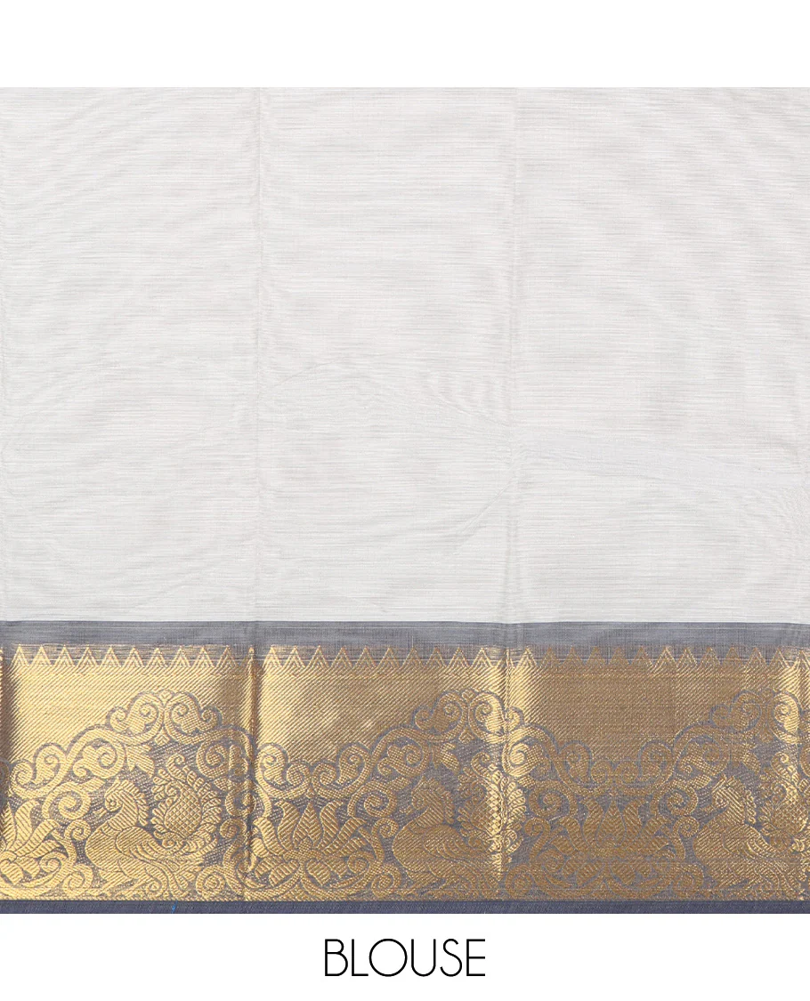 Grey Chettinad Cotton Saree, Adorned with Buttas All Over Its Body, Complemented by a Contrast Peacock Zari Design Border, Pallu of Stripes and Buttas, and Paired with a Matching Blouse - Image 3