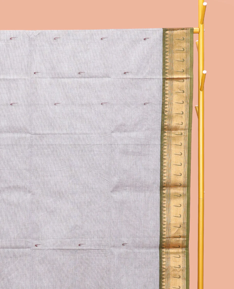 Grey Chettinad Cotton Saree, Steeped with Muniya Buttas On Its Body, Complemented by a Contrast Traditional Muniya Border, Pallu of Stripes, and Paired with a Matching Blouse - Image 2
