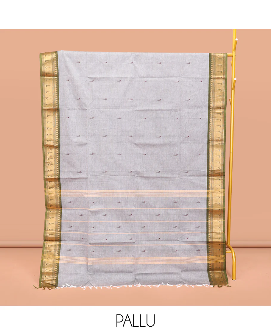 Grey Chettinad Cotton Saree, Steeped with Muniya Buttas On Its Body, Complemented by a Contrast Traditional Muniya Border, Pallu of Stripes, and Paired with a Matching Blouse - Image 3
