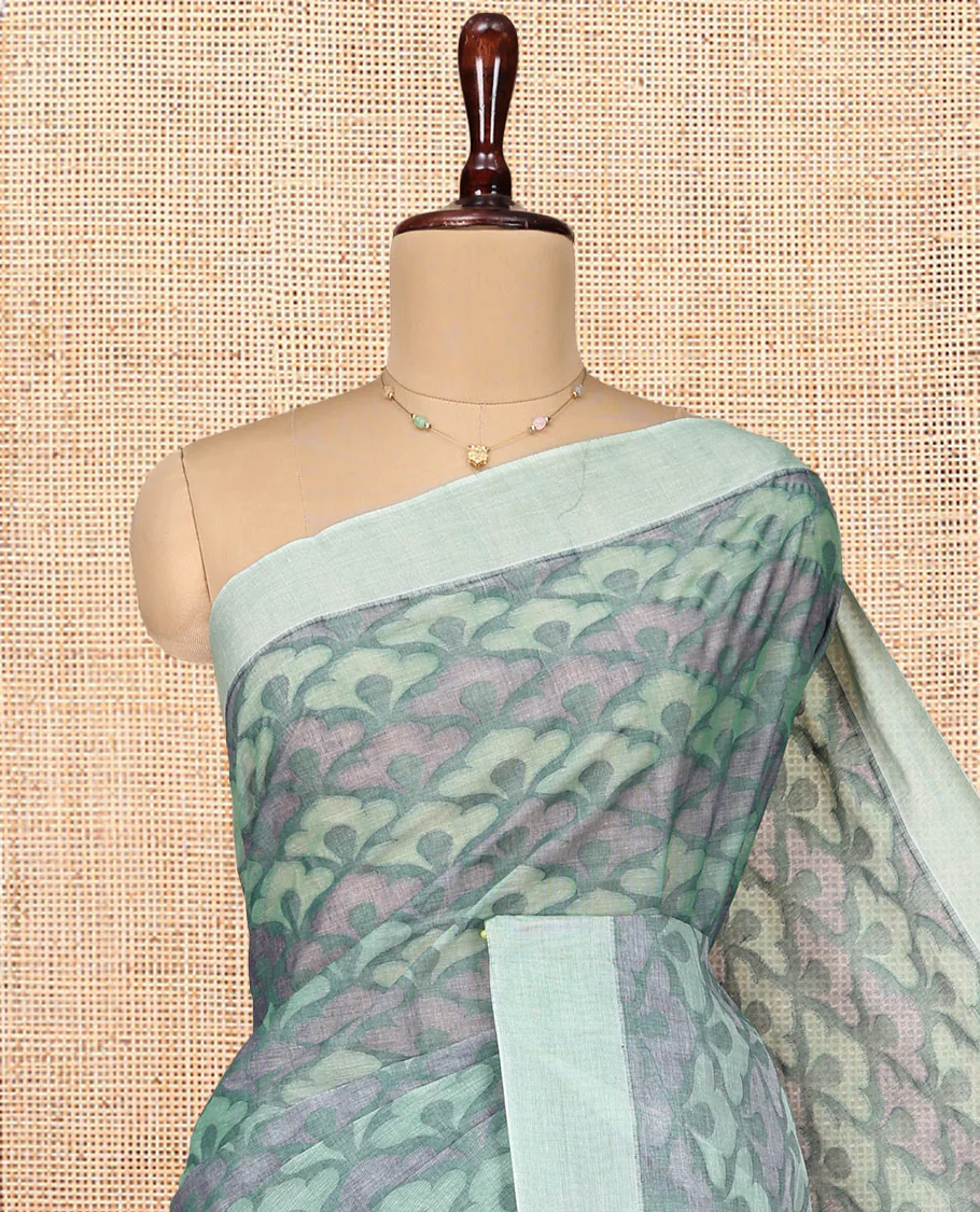 Grey Coimbatore Cotton Saree, Adorned with Scallop Design on Its Body, a Contrast Plain Border, Pallu of Floral Creeper, and Stripes, and Paired with Contrast Blouse - Image 2
