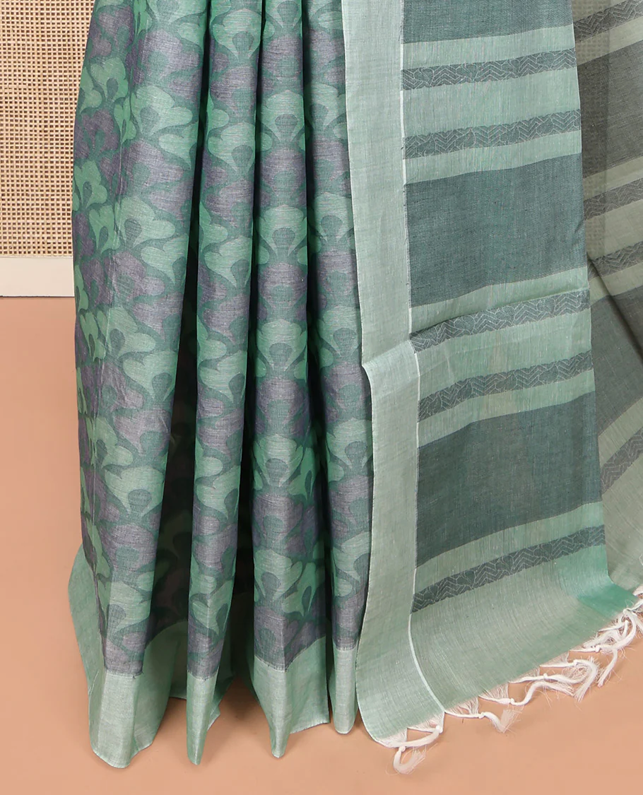 Grey Coimbatore Cotton Saree, Adorned with Scallop Design on Its Body, a Contrast Plain Border, Pallu of Floral Creeper, and Stripes, and Paired with Contrast Blouse - Image 3