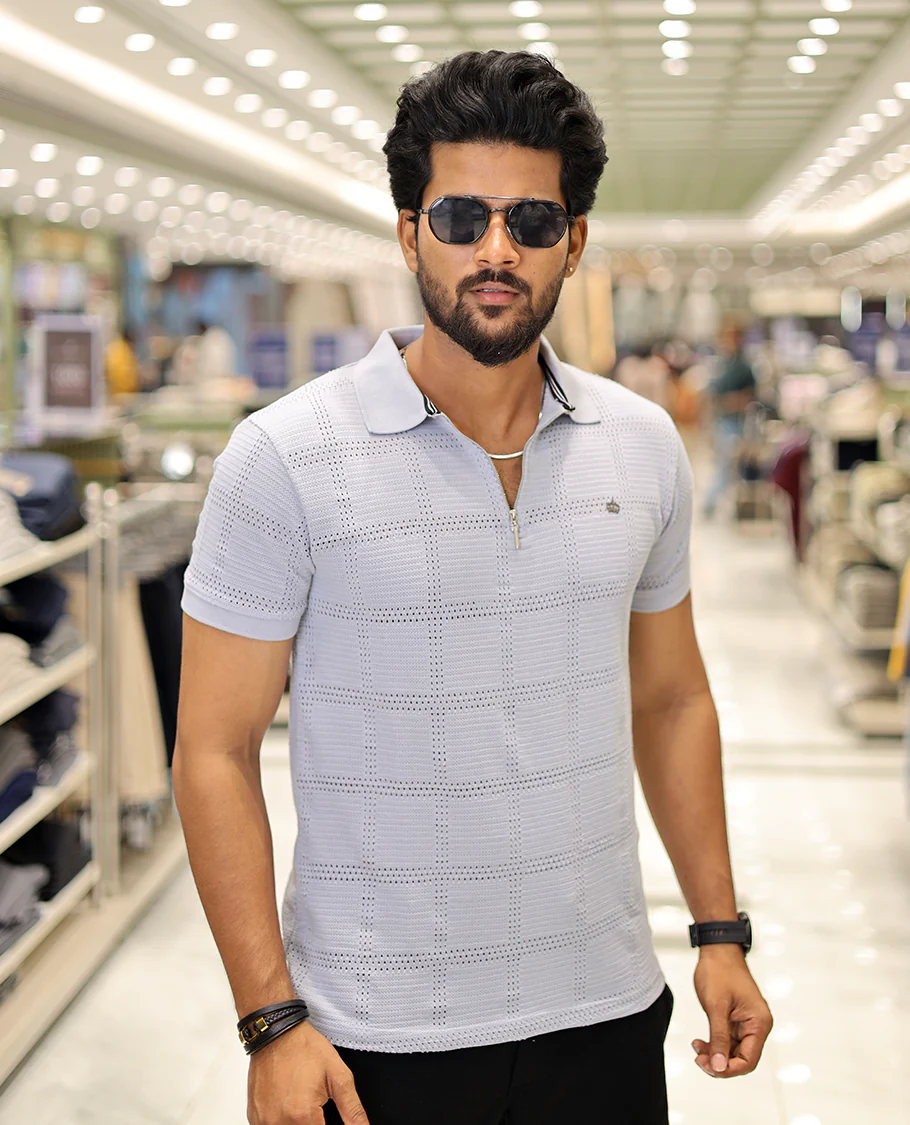 Grey Corduroy T-Shirt Comes with a Checked Texture, a Polo Neck, Half-Sleeves, a Slim Fit, and Regular Length - Image 2