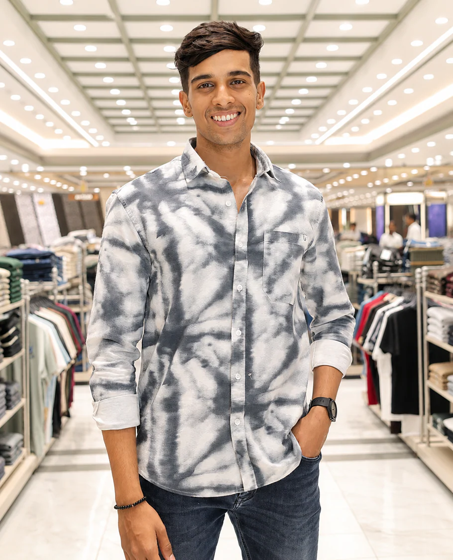 Grey Cotton-Blended Acid-Washed Casual Shirt, Uniquely Featuring Abstract-Style Design, Comes with a Spread Collar, Full Sleeves, Slim Fit, and Regular Length