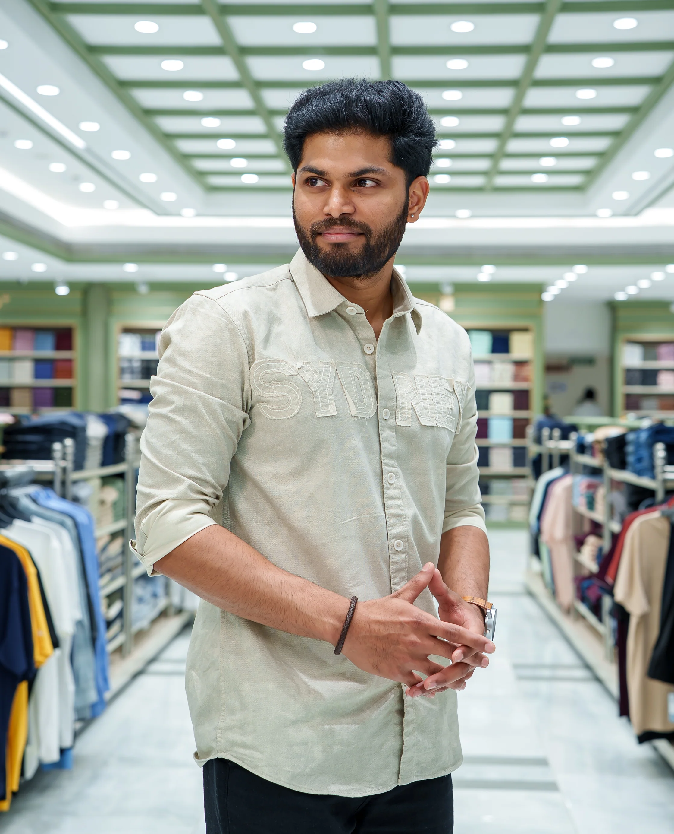 Grey Cotton Blended Casual Shirt, Accentuated with Acid-Washed and Typography Patch Embroidery on the Chest, Featuring a Spread Collar, Full Sleeves, Slim Fit, and Regular Length - Image 4