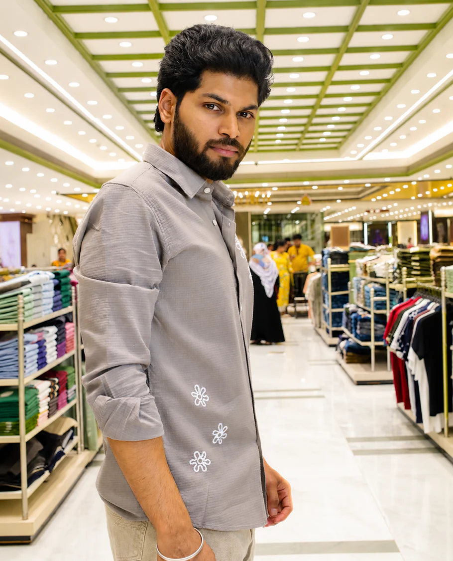Grey Cotton-Blended Casual Shirt, Adorned with Flower Thread Outline Embroidery, Featuring a Spread Collar, Full Sleeves, Slim Fit, and Regular Length - Image 4