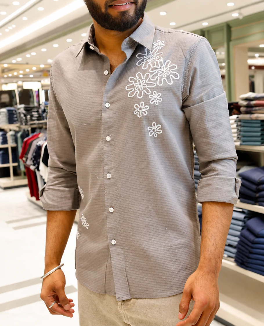 Grey Cotton-Blended Casual Shirt, Adorned with Flower Thread Outline Embroidery, Featuring a Spread Collar, Full Sleeves, Slim Fit, and Regular Length - Image 6