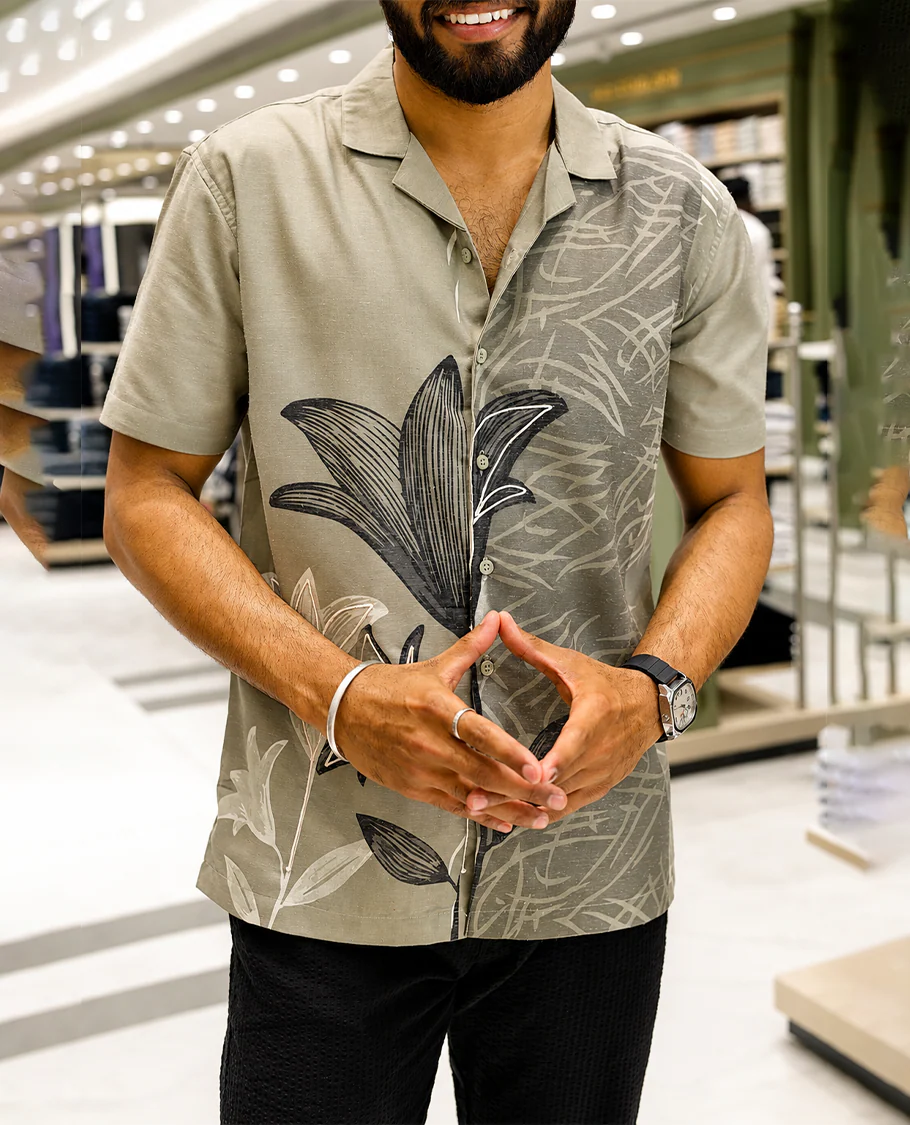 Grey Cotton-Blended Casual Shirt, Beautified with Flora-Geometric Motifs Print and Embroidery, Featuring a Cuban Collar, Half Sleeves, Slim Fit, and Regular Length - Image 5