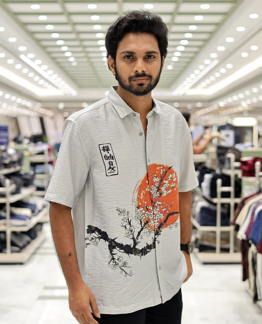 Grey Cotton-Blended Casual Shirt, Creatively Printed with Sun and Branches Print, a Half-Sleeve, a Spread Collar, a Boxy Fit, and Regular Length - Image 2