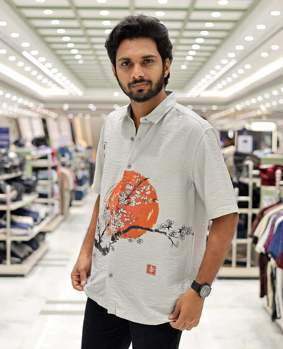 Grey Cotton-Blended Casual Shirt, Creatively Printed with Sun and Branches Print, a Half-Sleeve, a Spread Collar, a Boxy Fit, and Regular Length - Image 3