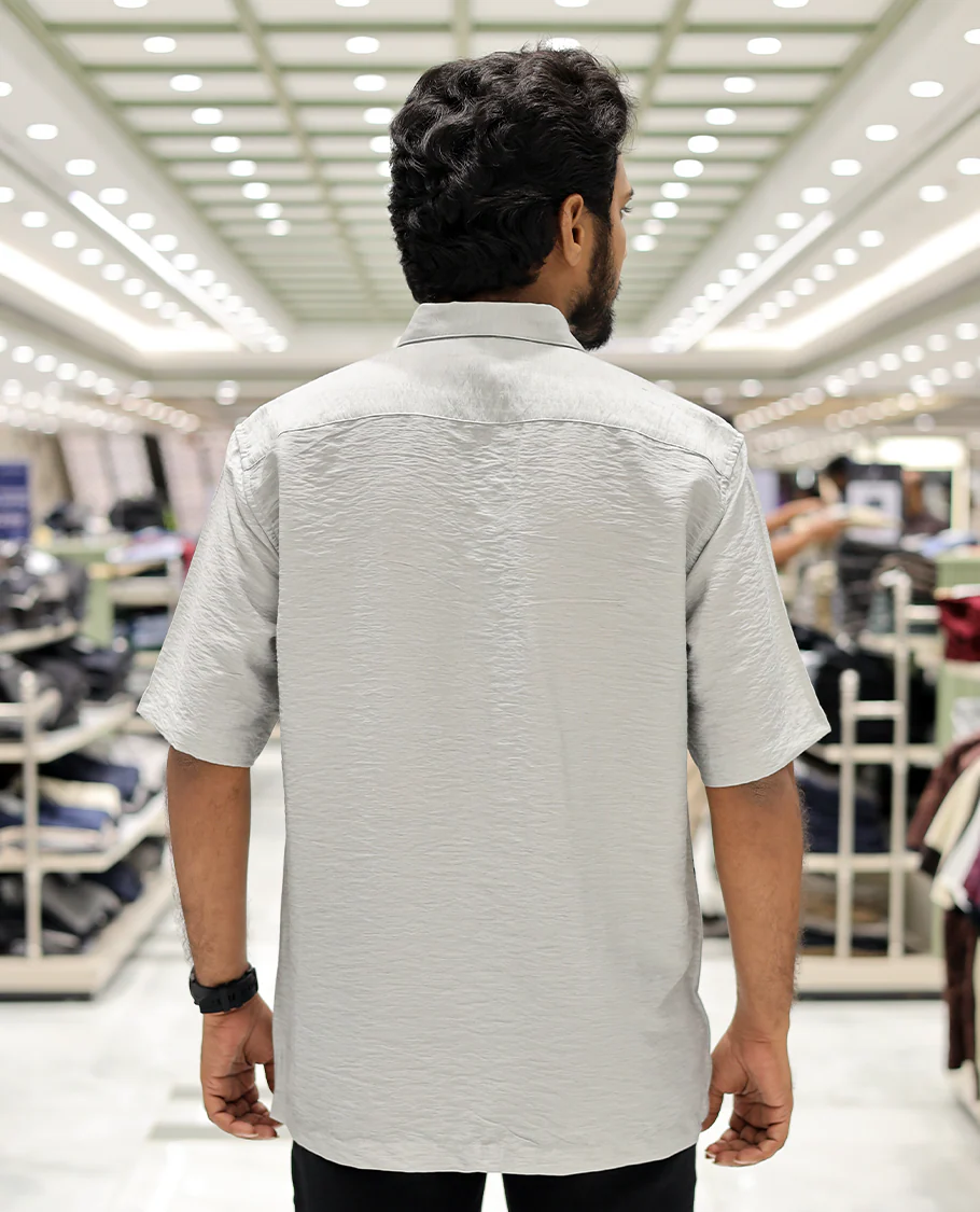 Grey Cotton-Blended Casual Shirt, Creatively Printed with Sun and Branches Print, a Half-Sleeve, a Spread Collar, a Boxy Fit, and Regular Length - Image 4