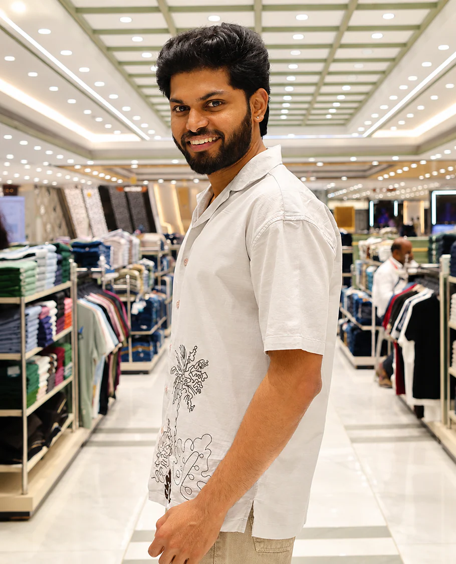 Grey Cotton Blended Casual Shirt, Delicately Designed with Flora-Theme Embroidery, Featuring a Cuban Collar, Full Sleeves, Regular Fit, and Regular Length - Image 3
